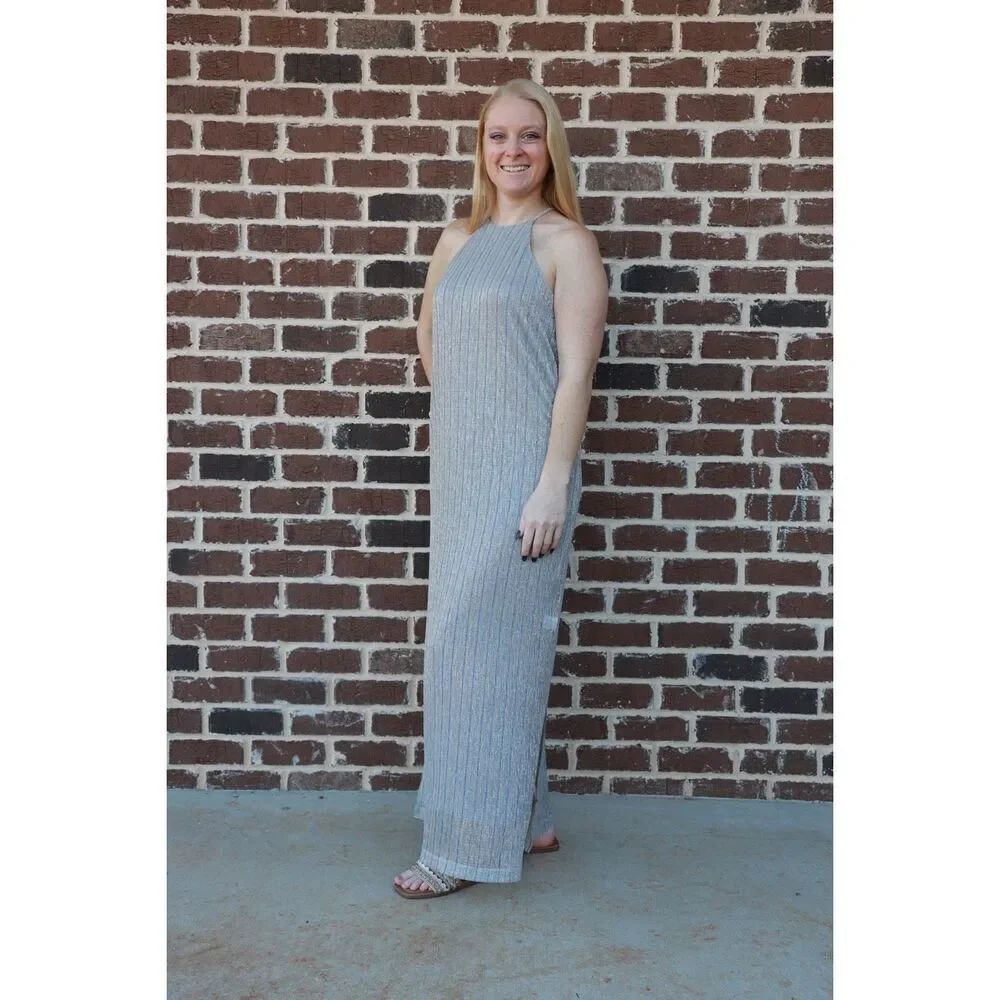 NWT Krisa x Revolve Metallic Striped Silver Maxi Dress Size XS